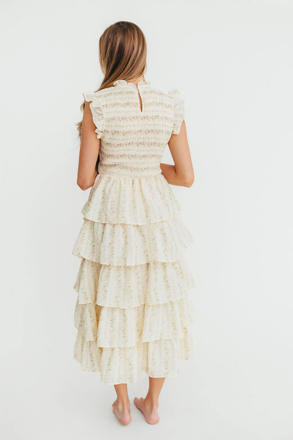 Emery Ruffled Midi Dress in Pink Floral