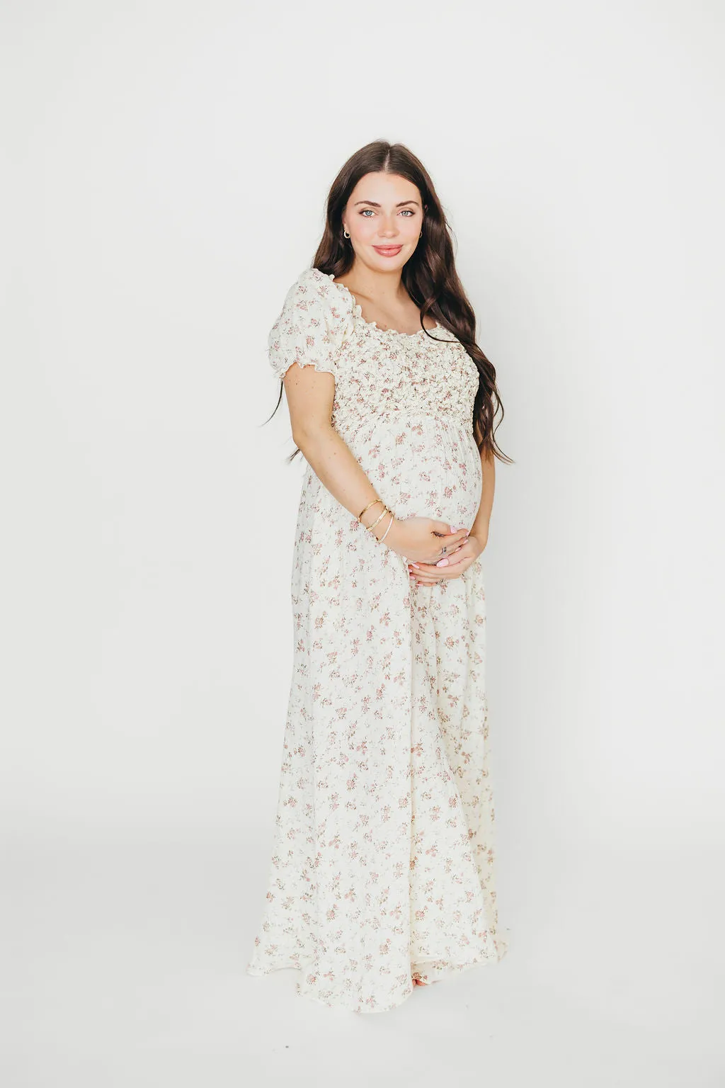 Emilia Smocked Maxi Dress in Ivory/Mauve FloralEmilia 100% Cotton Smocked Maxi Dress in Ivory/Mauve Floral - Bump Friendly