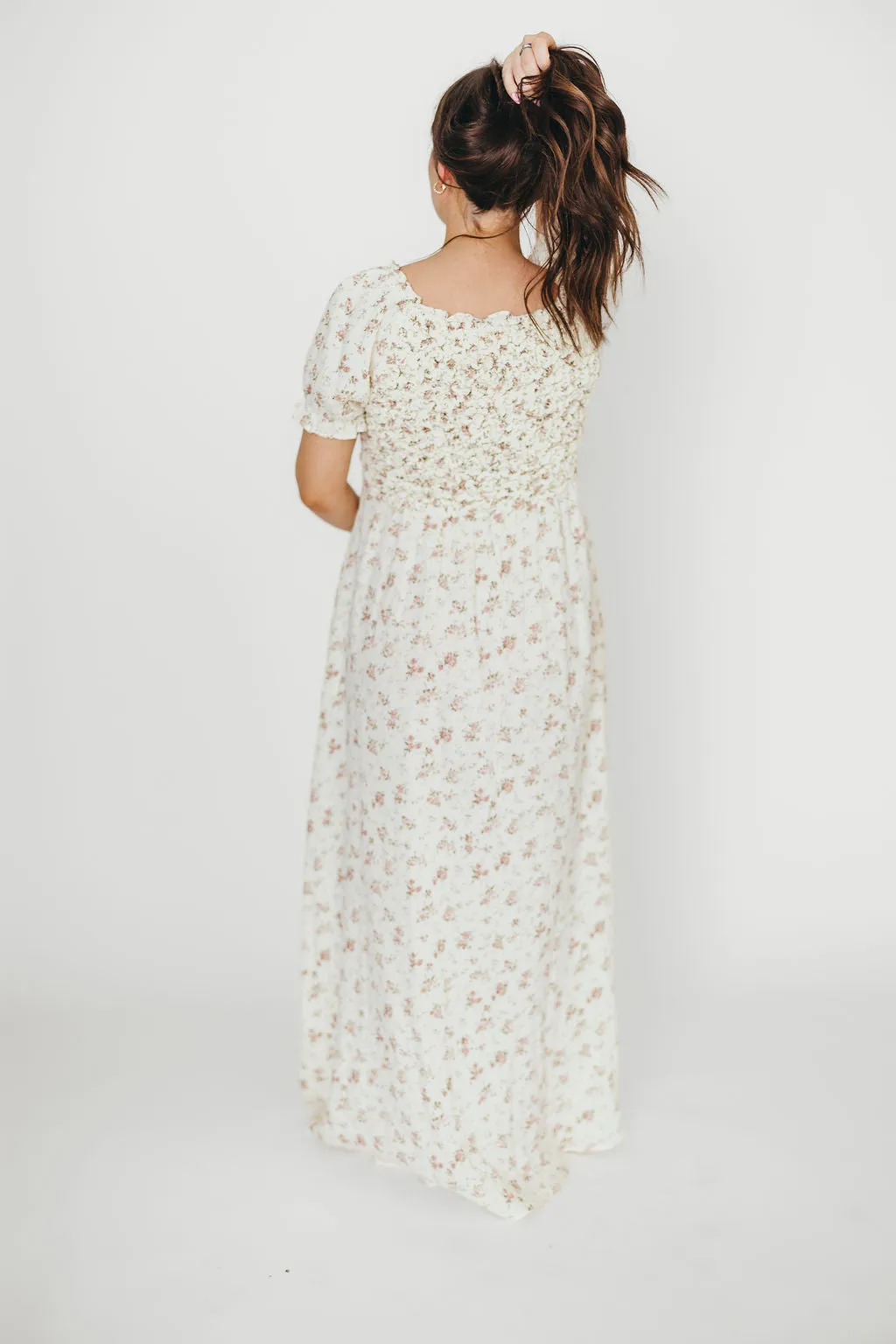 Emilia Smocked Maxi Dress in Ivory/Mauve FloralEmilia 100% Cotton Smocked Maxi Dress in Ivory/Mauve Floral - Bump Friendly