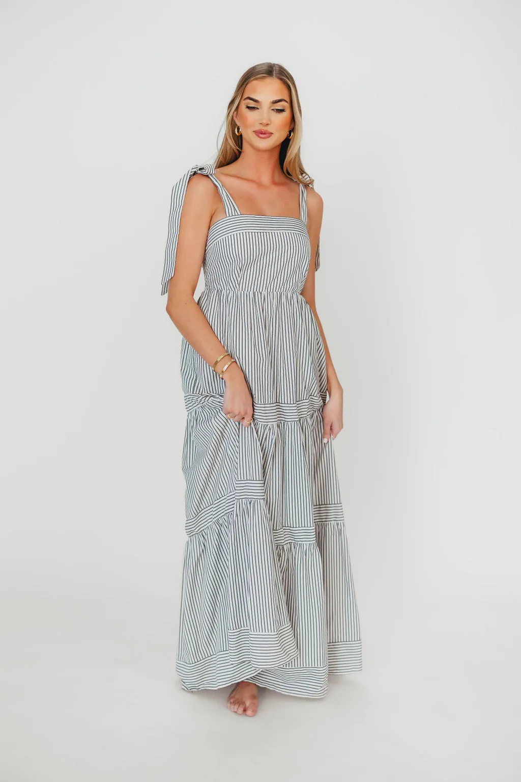 Emma Tie Strap Maxi Dress in Navy Blue Stripe