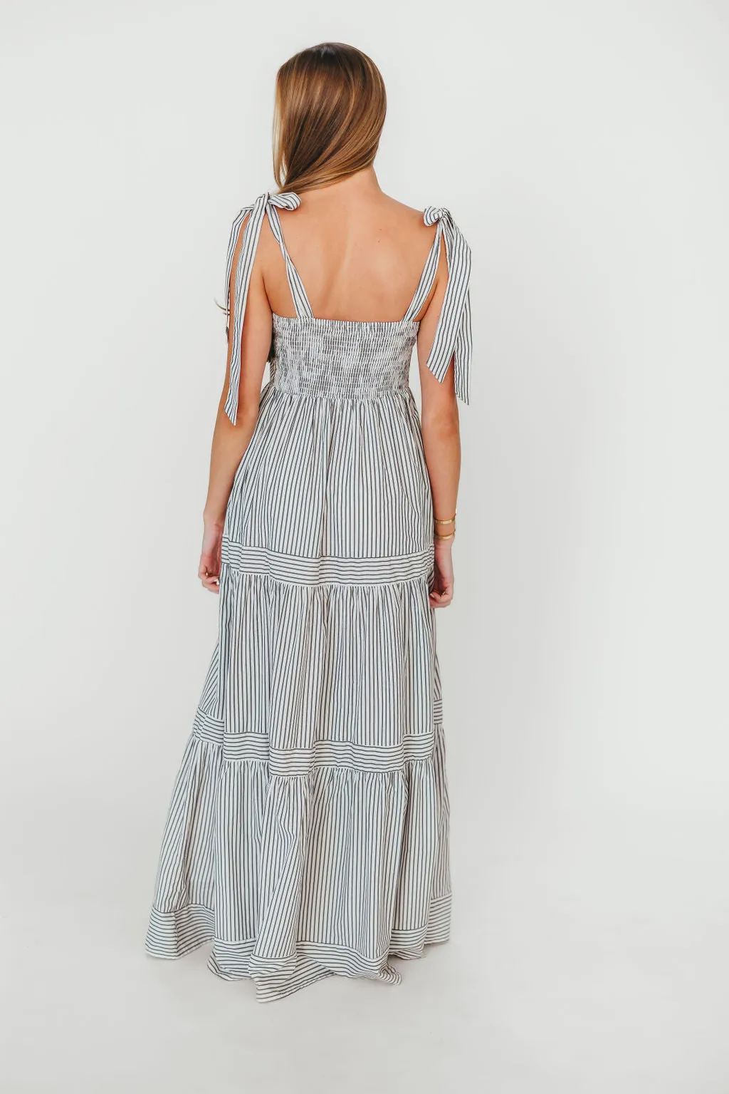 Emma Tie Strap Maxi Dress in Navy Blue Stripe