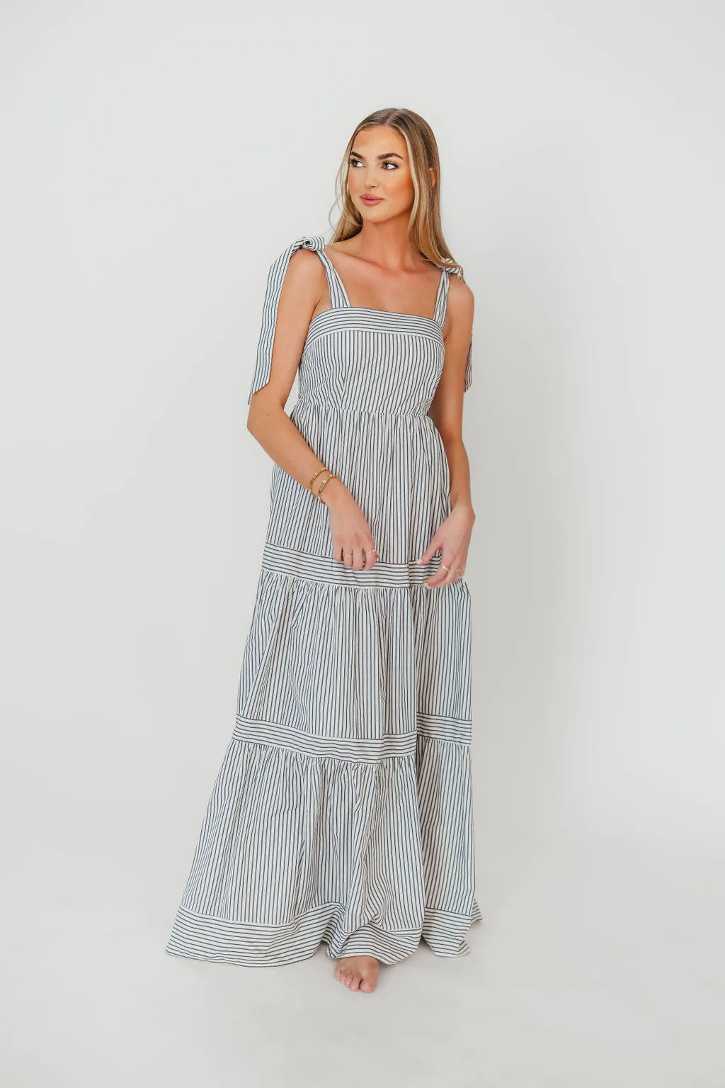 Emma Tie Strap Maxi Dress in Navy Blue Stripe