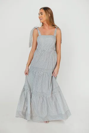 Emma Tie Strap Maxi Dress in Navy Blue Stripe