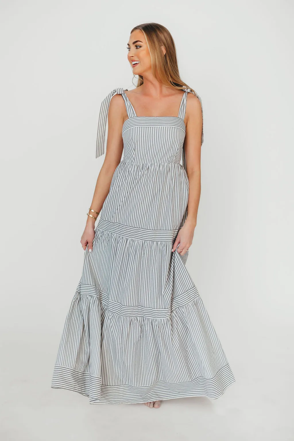 Emma Tie Strap Maxi Dress in Navy Blue Stripe