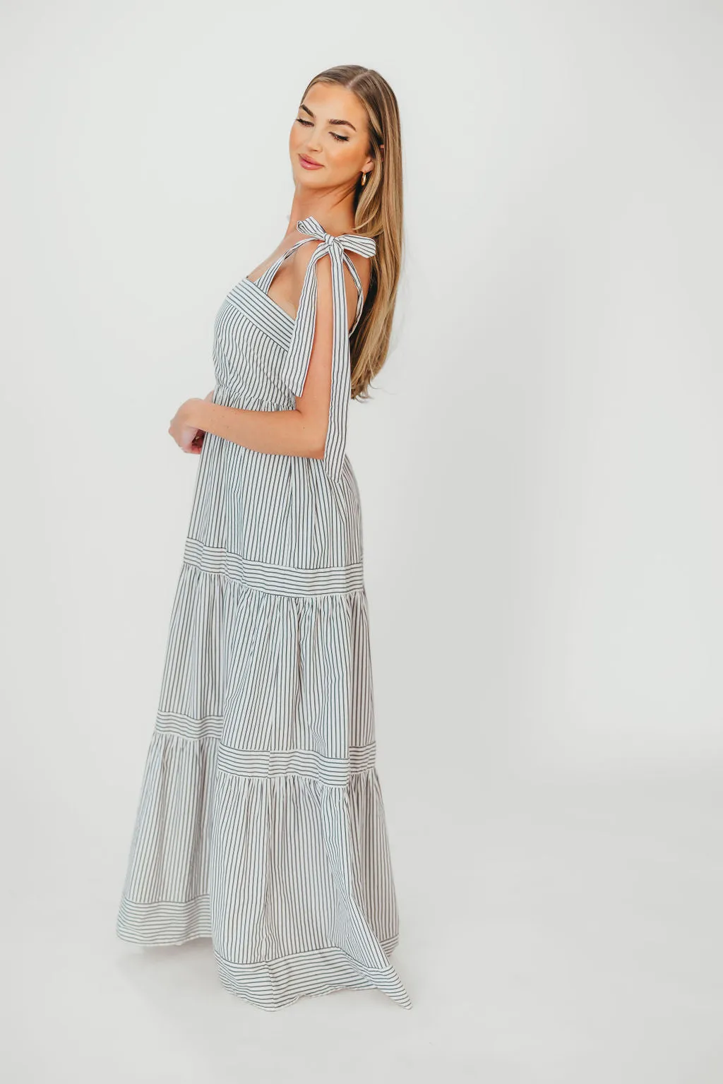 Emma Tie Strap Maxi Dress in Navy Blue Stripe