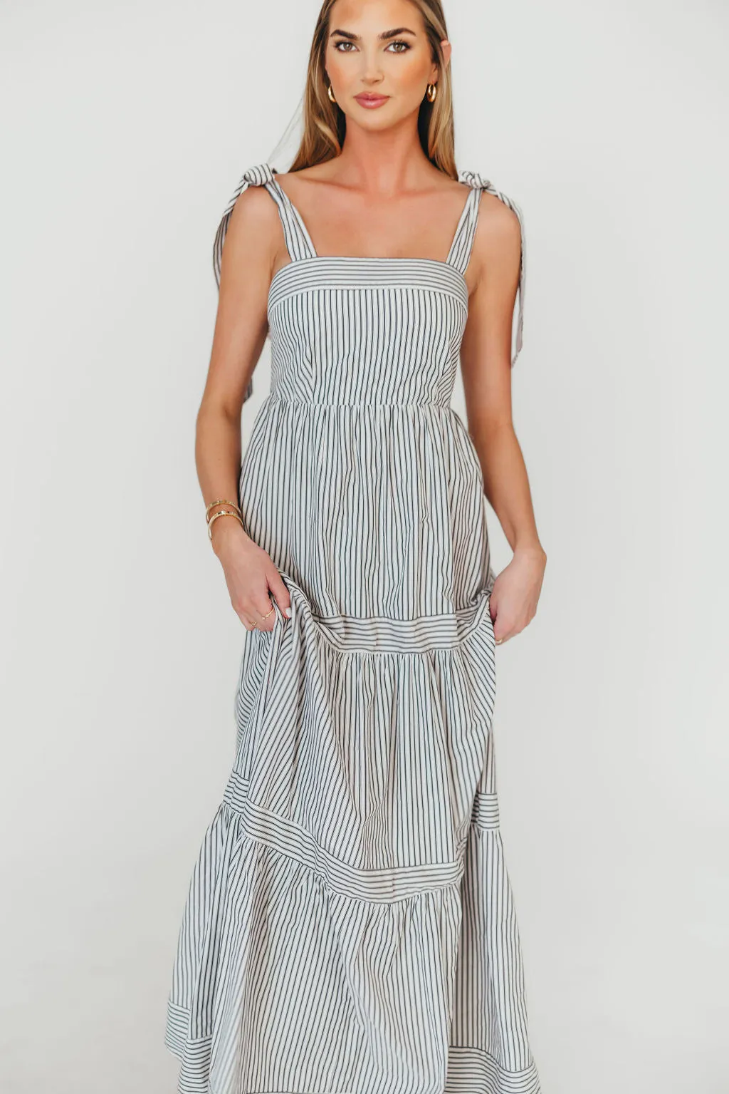 Emma Tie Strap Maxi Dress in Navy Blue Stripe