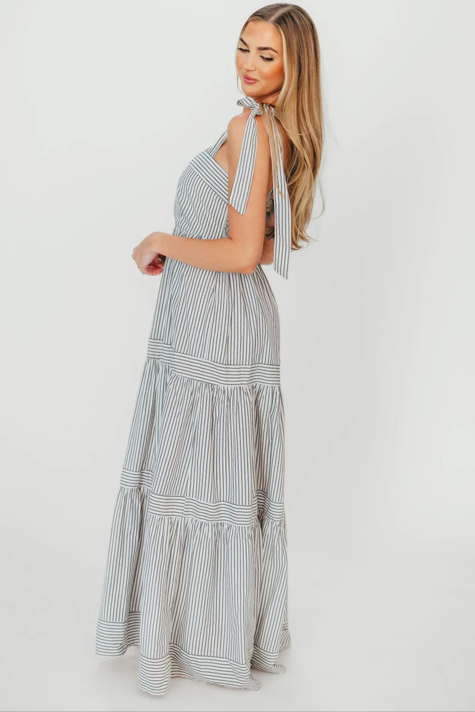 Emma Tie Strap Maxi Dress in Navy Blue Stripe