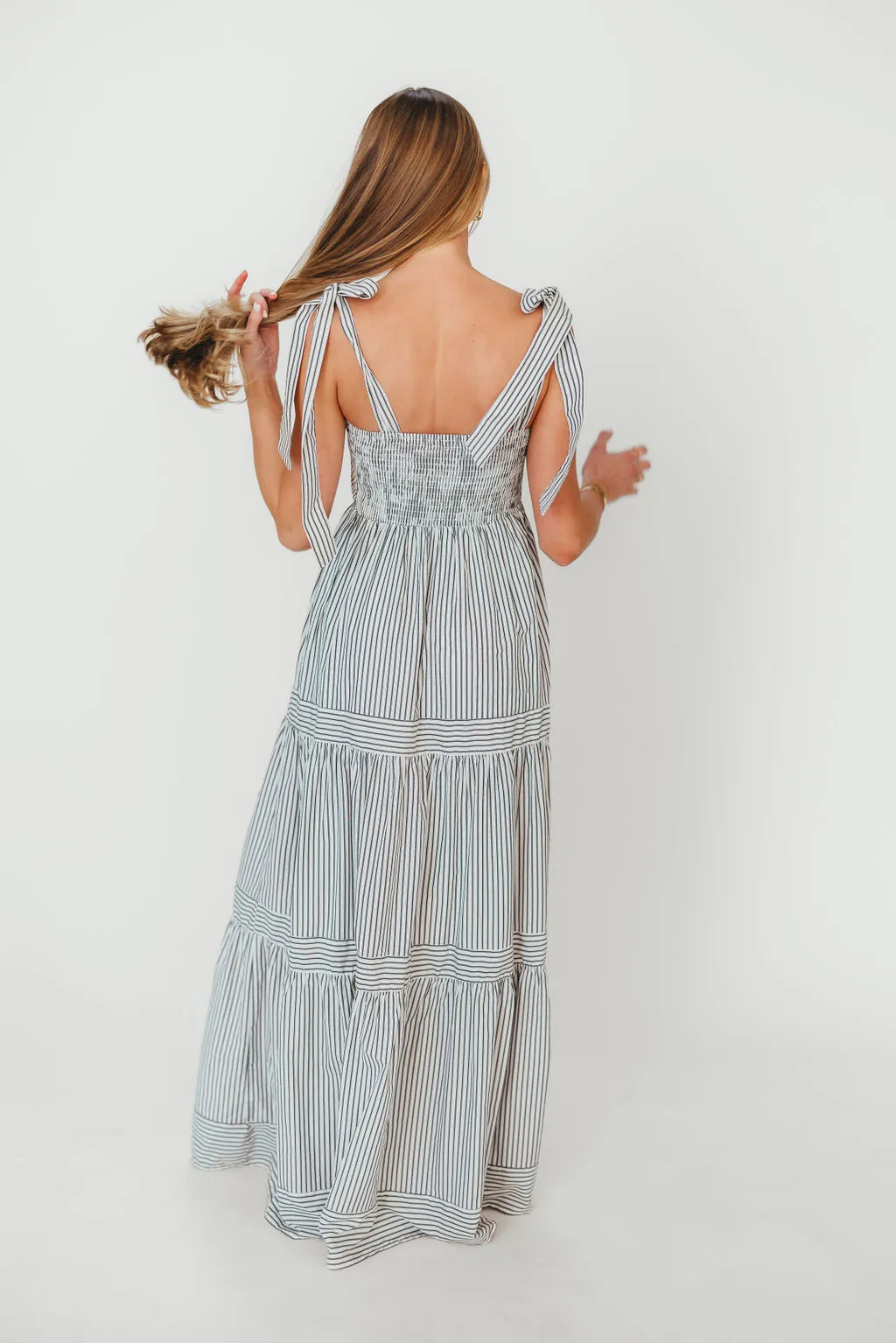 Emma Tie Strap Maxi Dress in Navy Blue Stripe