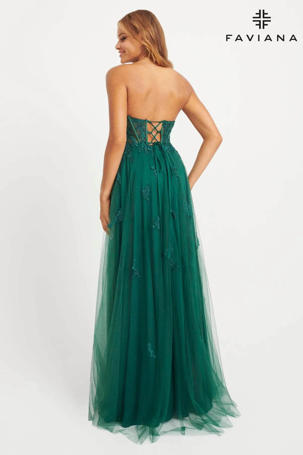 Faviana 11057 A Line Beaded Long Formal Lace Prom Dress