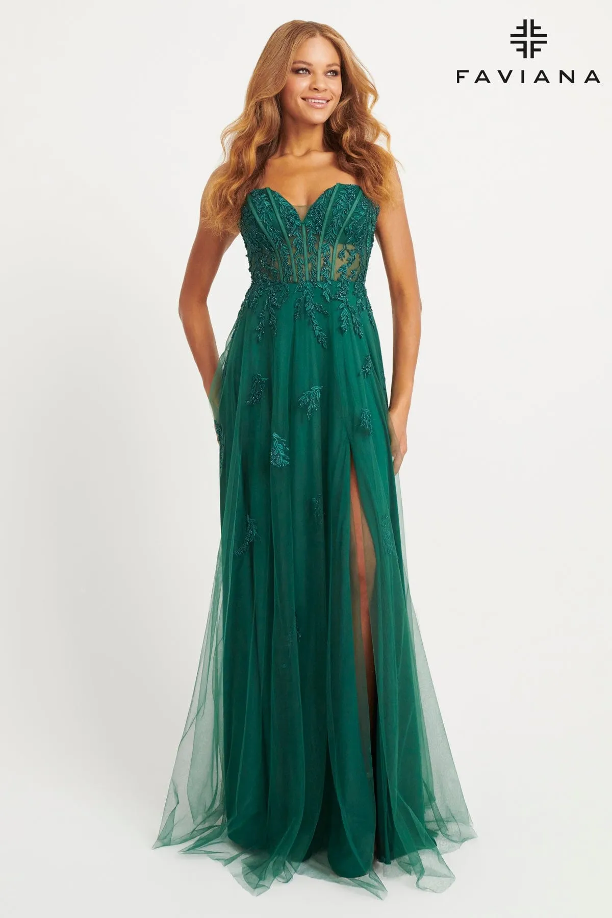 Faviana 11057 A Line Beaded Long Formal Lace Prom Dress