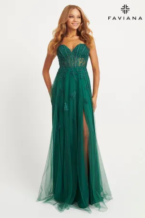 Faviana 11057 A Line Beaded Long Formal Lace Prom Dress