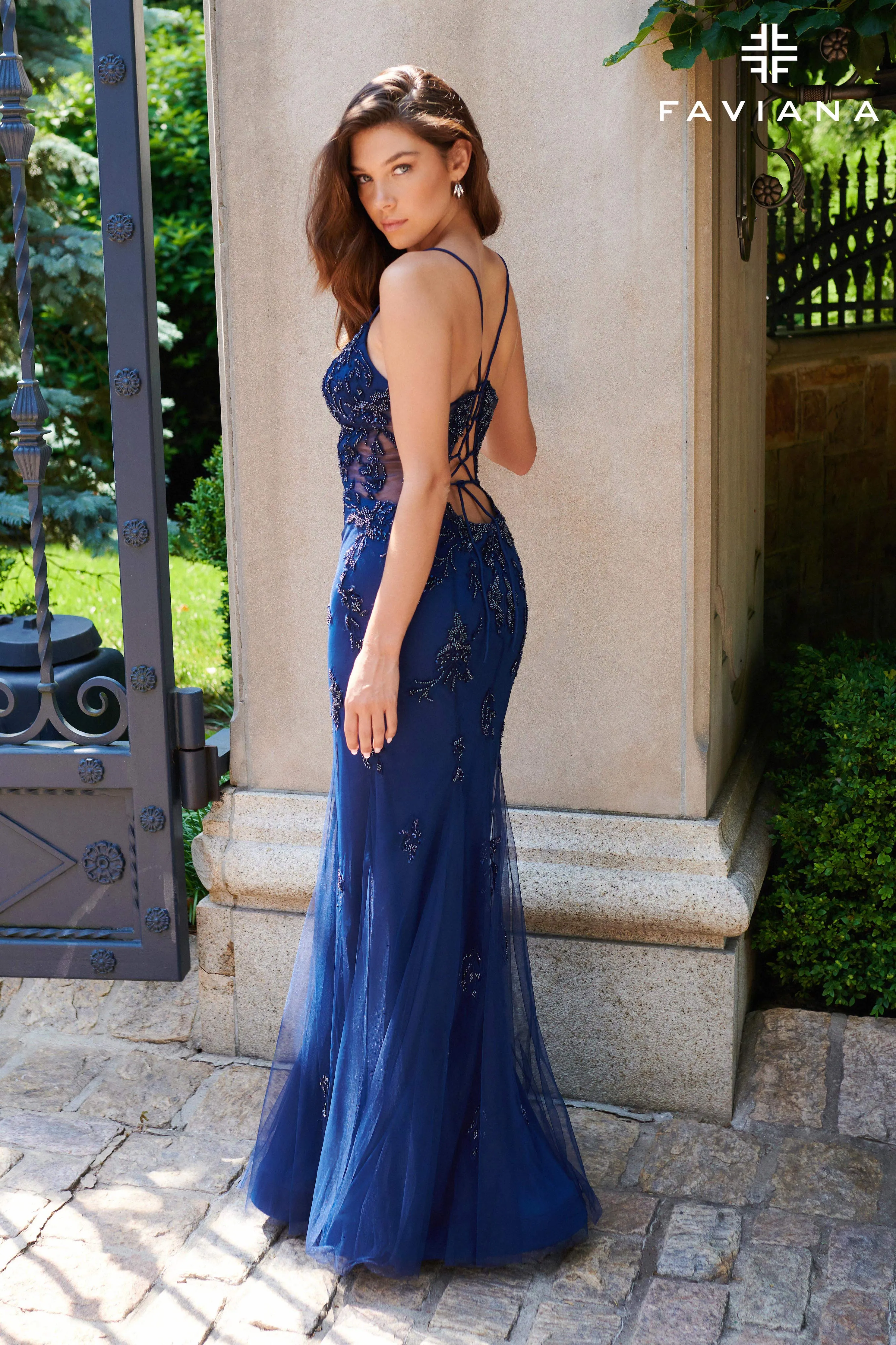 Faviana 11227 Long Formal Beaded Lace Prom Dress