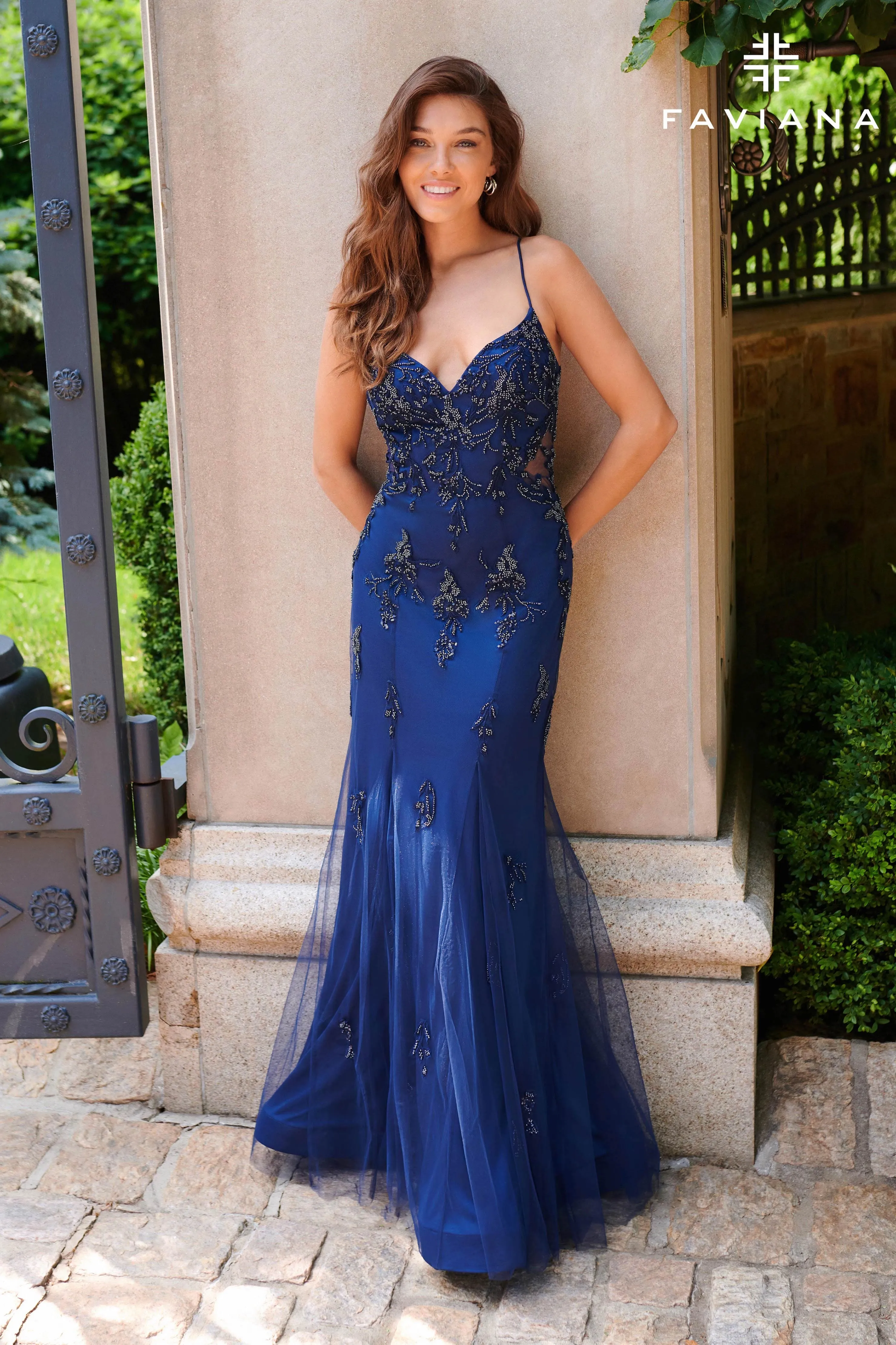 Faviana 11227 Long Formal Beaded Lace Prom Dress