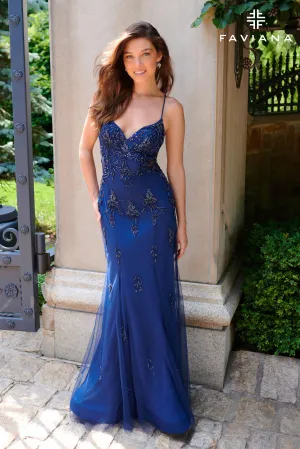 Faviana 11227 Long Formal Beaded Lace Prom Dress