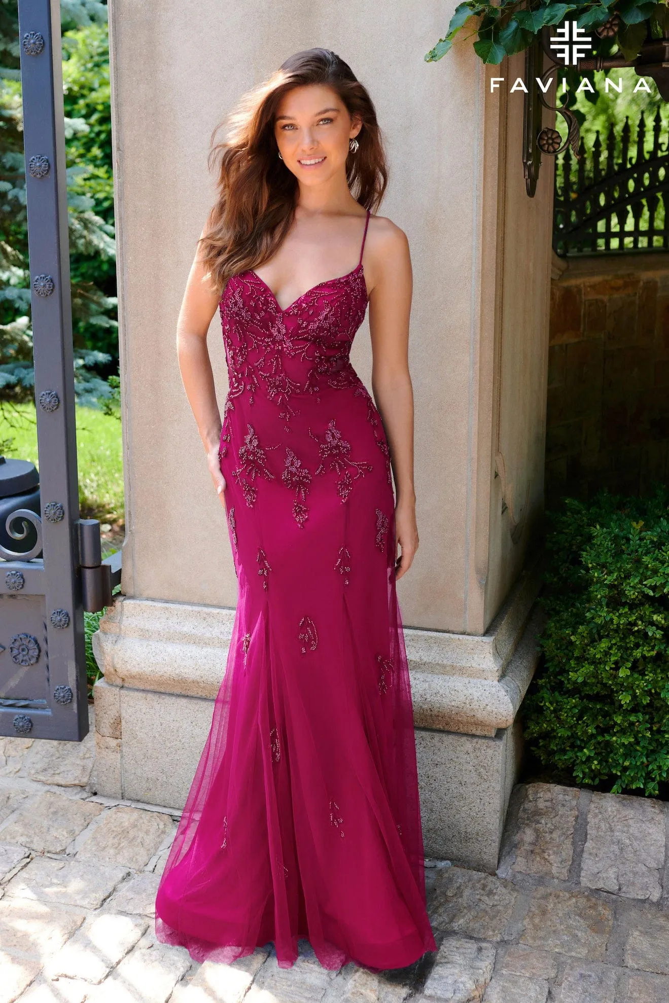 Faviana 11227 Long Formal Beaded Lace Prom Dress