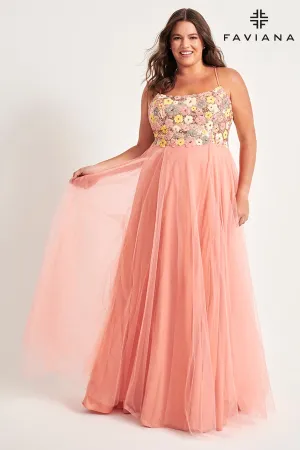 Faviana 9557 Long Formal Sequin Floral Plus Size Prom Dress