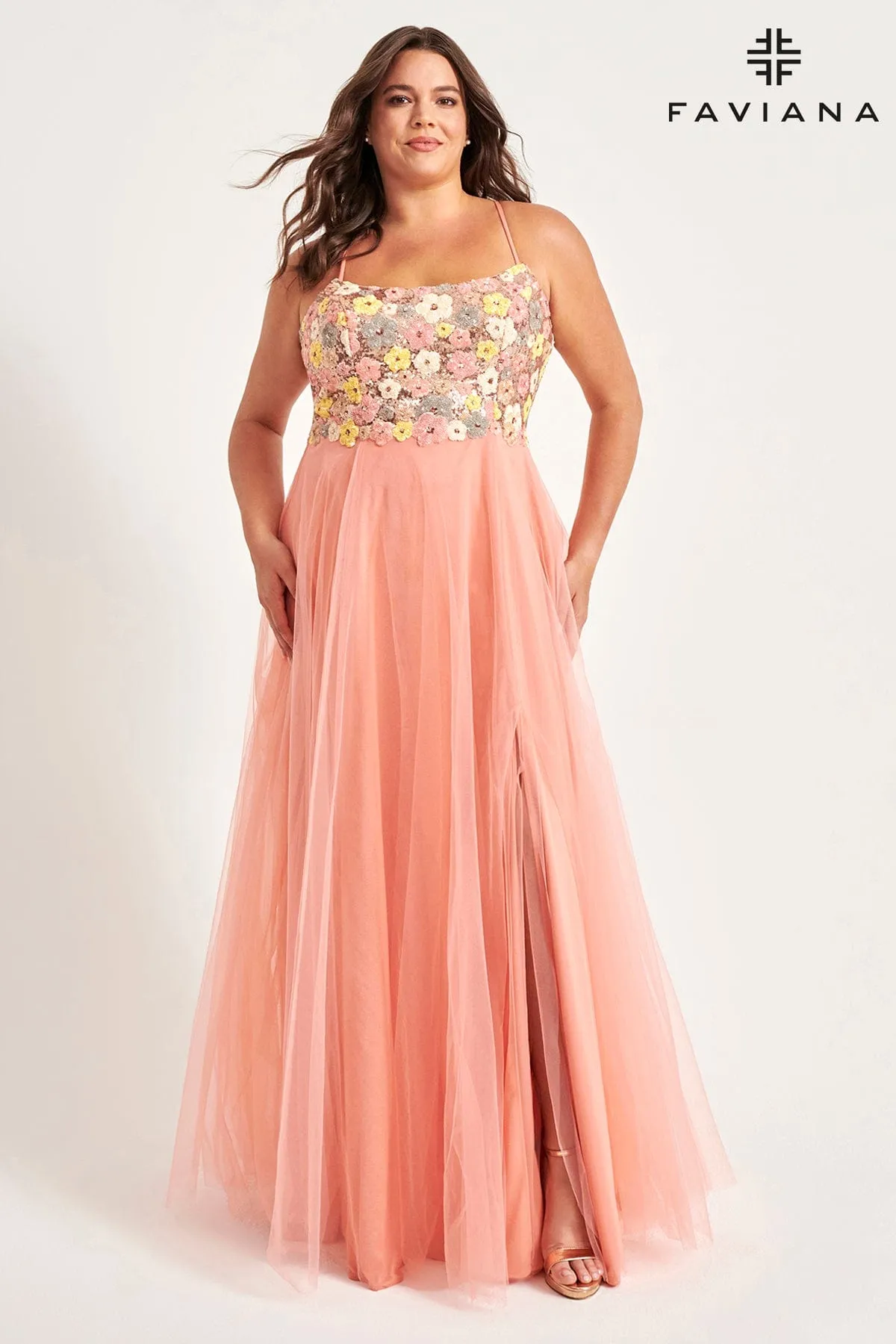 Faviana 9557 Long Formal Sequin Floral Plus Size Prom Dress