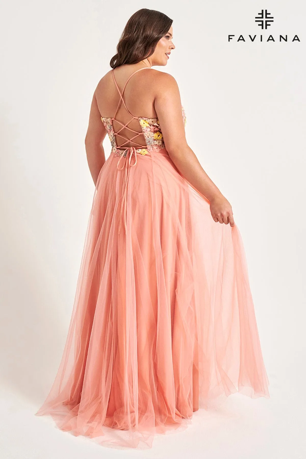 Faviana 9557 Long Formal Sequin Floral Plus Size Prom Dress
