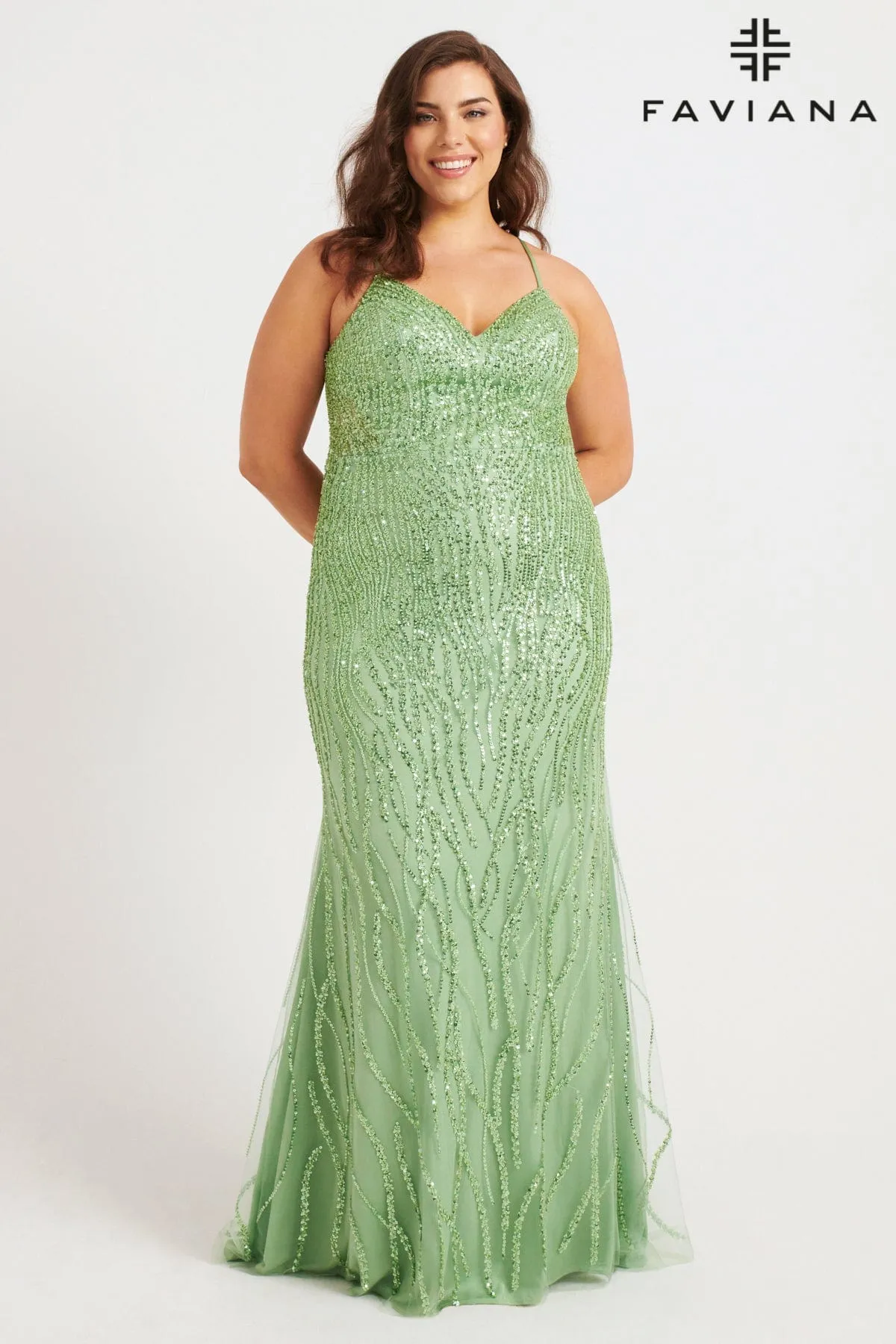 Faviana 9572 Long Formal Beaded Applique Prom Plus Size Dress