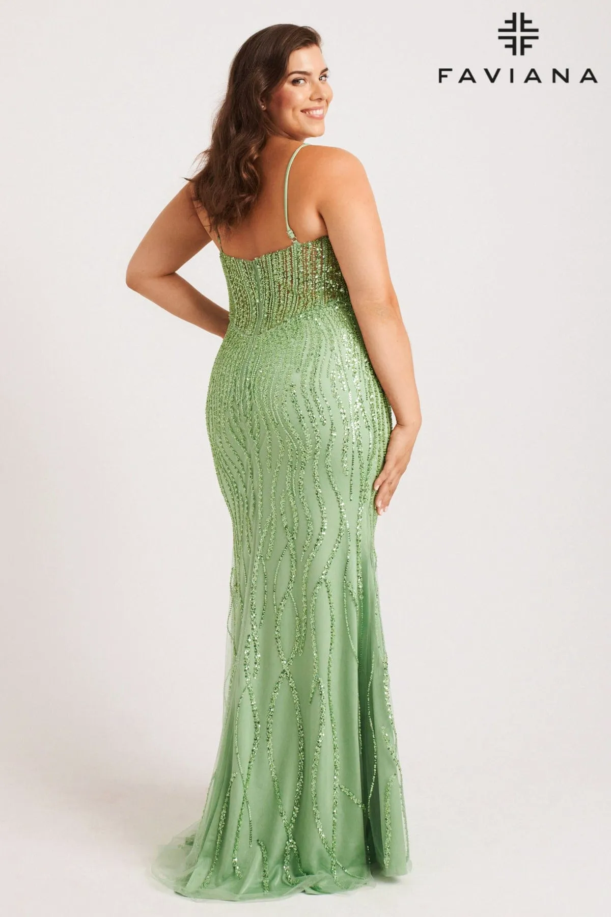 Faviana 9572 Long Formal Beaded Applique Prom Plus Size Dress