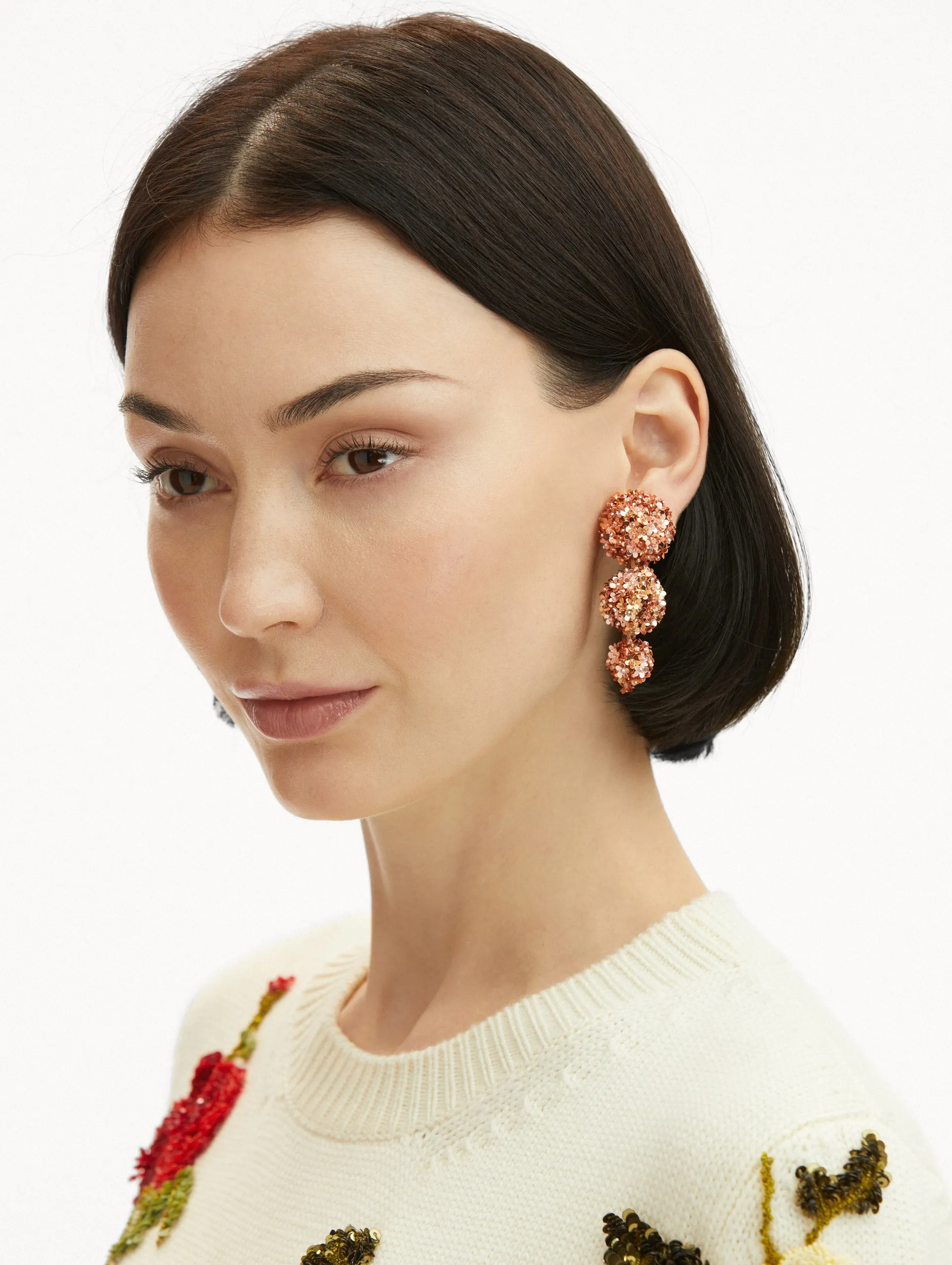 Flower Pompom Drop Clip-On Earrings