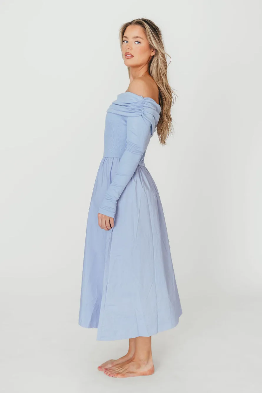 Francis Long Sleeve Off-Shoulder Midi Dress in Blue