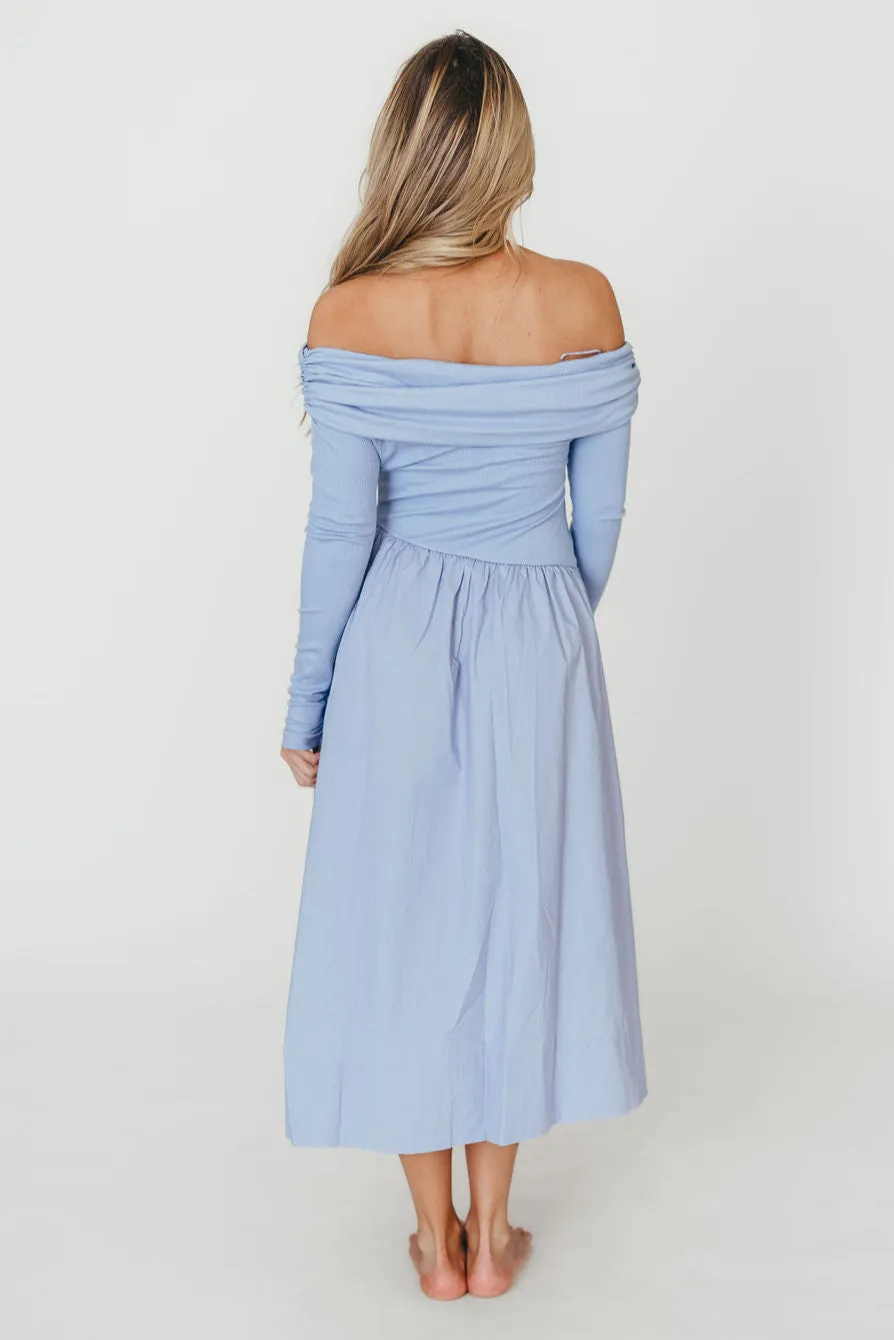 Francis Long Sleeve Off-Shoulder Midi Dress in Blue