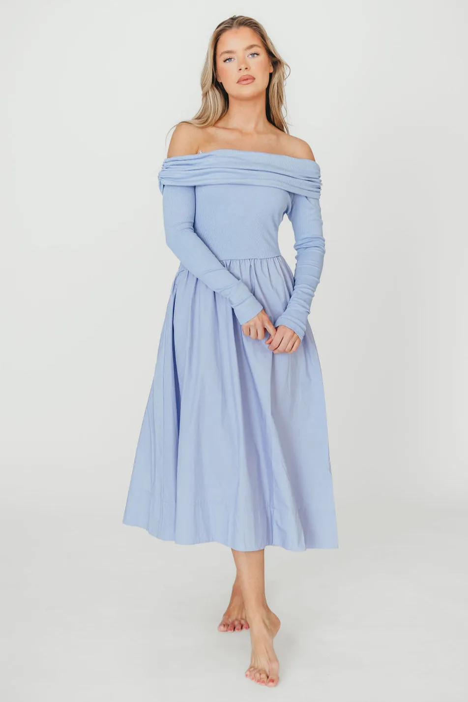 Francis Long Sleeve Off-Shoulder Midi Dress in Blue