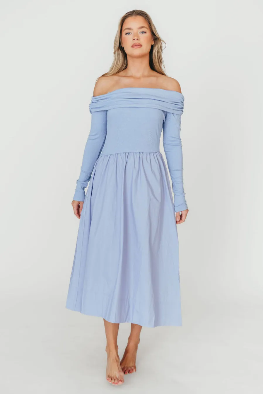 Francis Long Sleeve Off-Shoulder Midi Dress in Blue