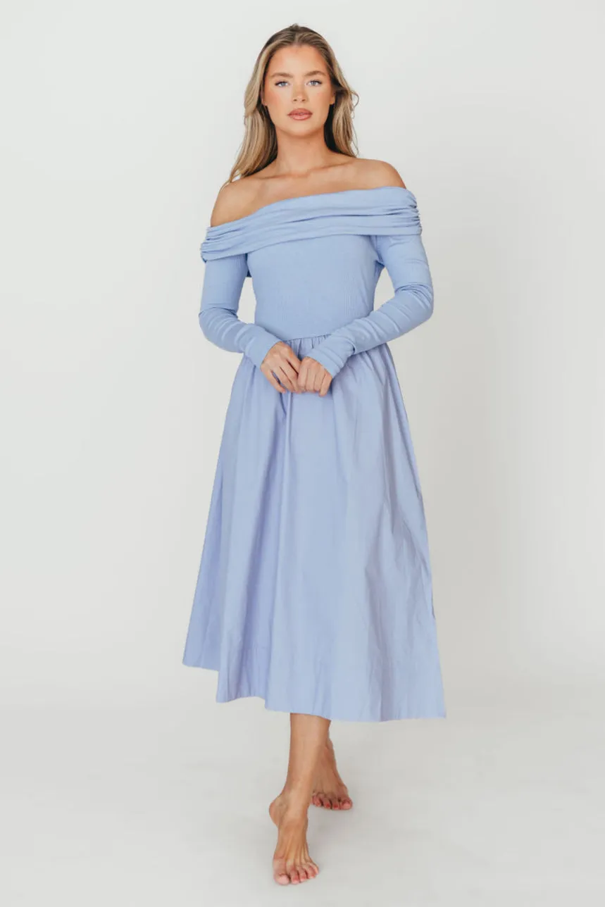 Francis Long Sleeve Off-Shoulder Midi Dress in Blue