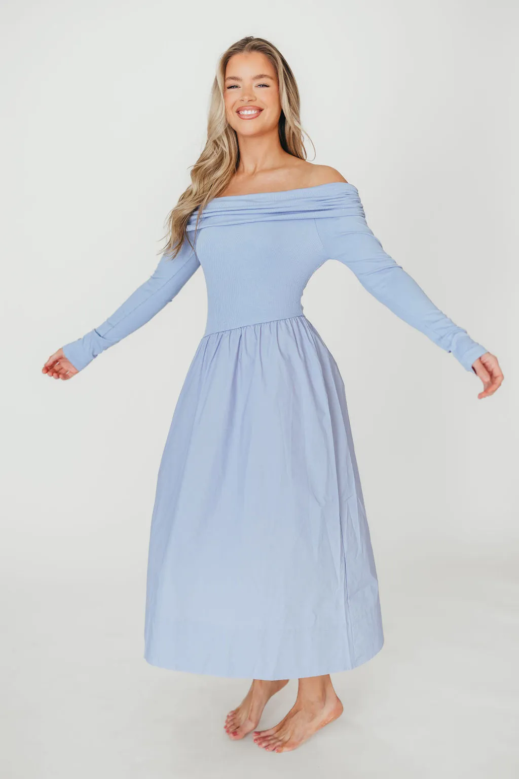 Francis Long Sleeve Off-Shoulder Midi Dress in Blue