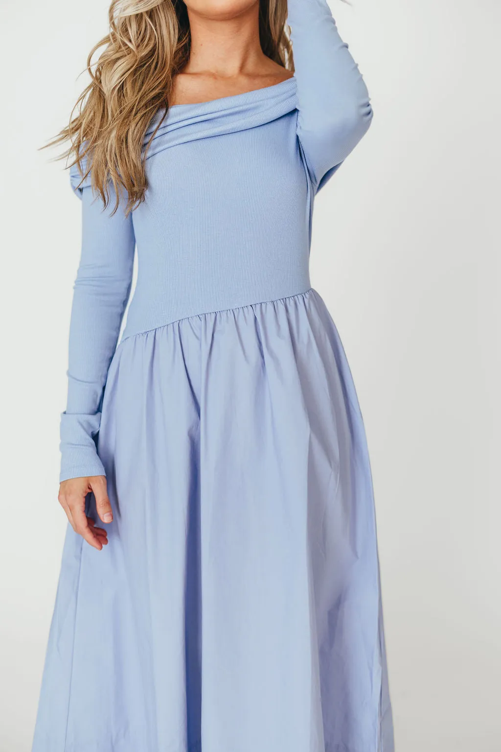 Francis Long Sleeve Off-Shoulder Midi Dress in Blue