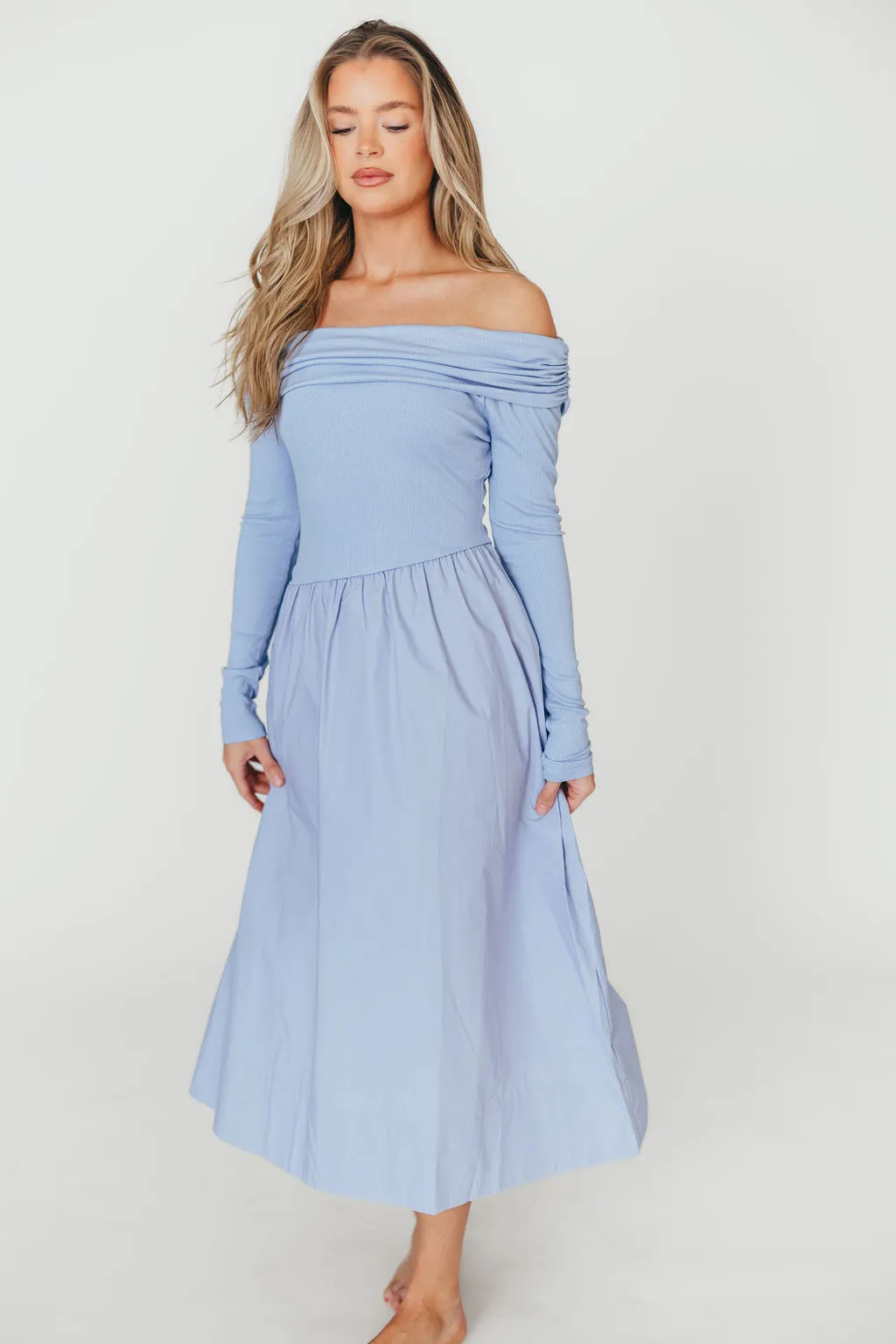 Francis Long Sleeve Off-Shoulder Midi Dress in Blue