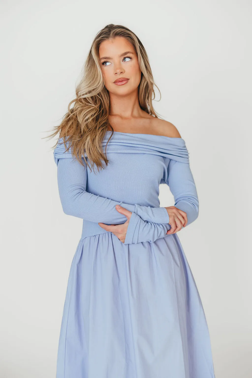 Francis Long Sleeve Off-Shoulder Midi Dress in Blue