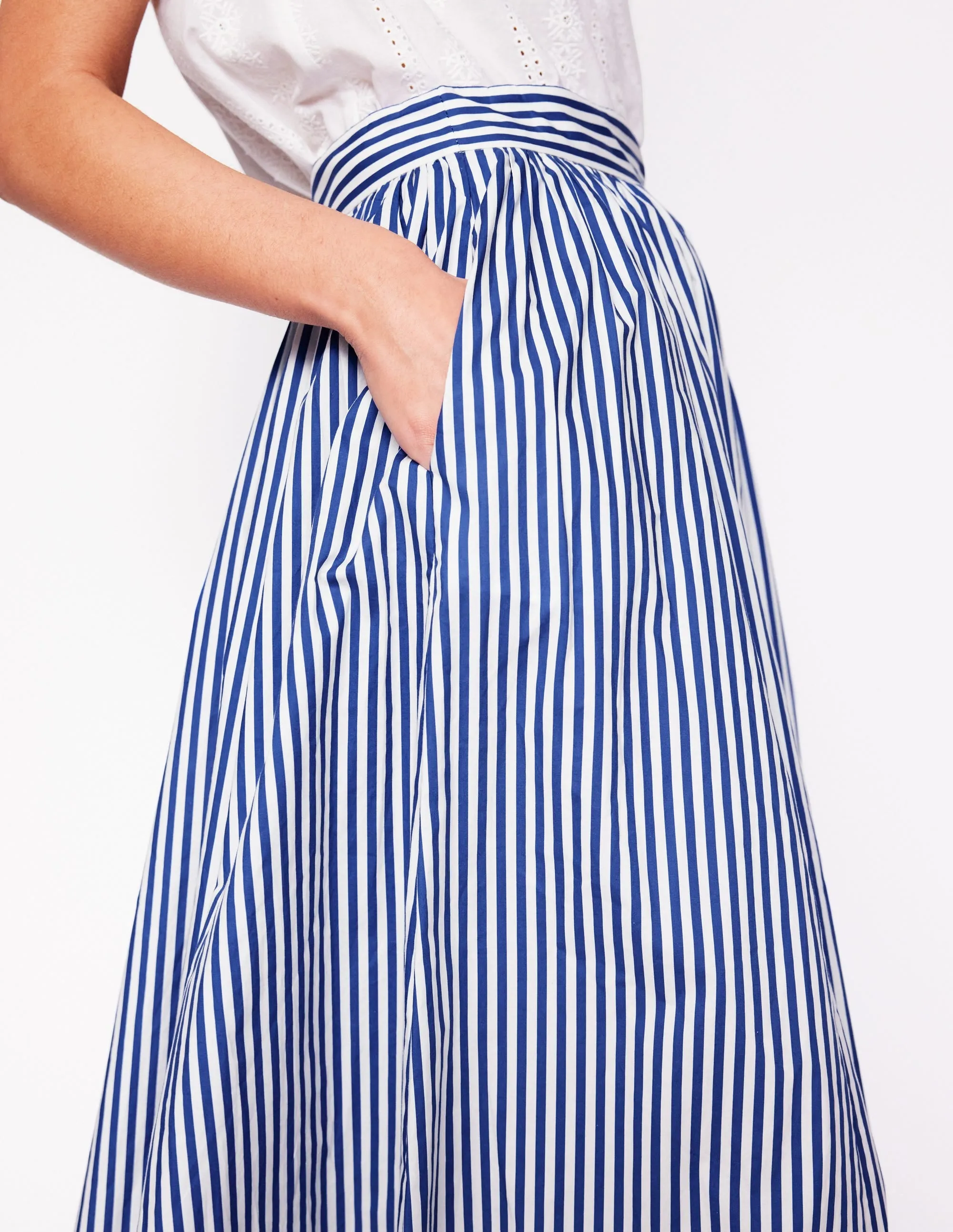 Full Poplin Maxi Skirt-Kingfisher Blue. Fine Stripe