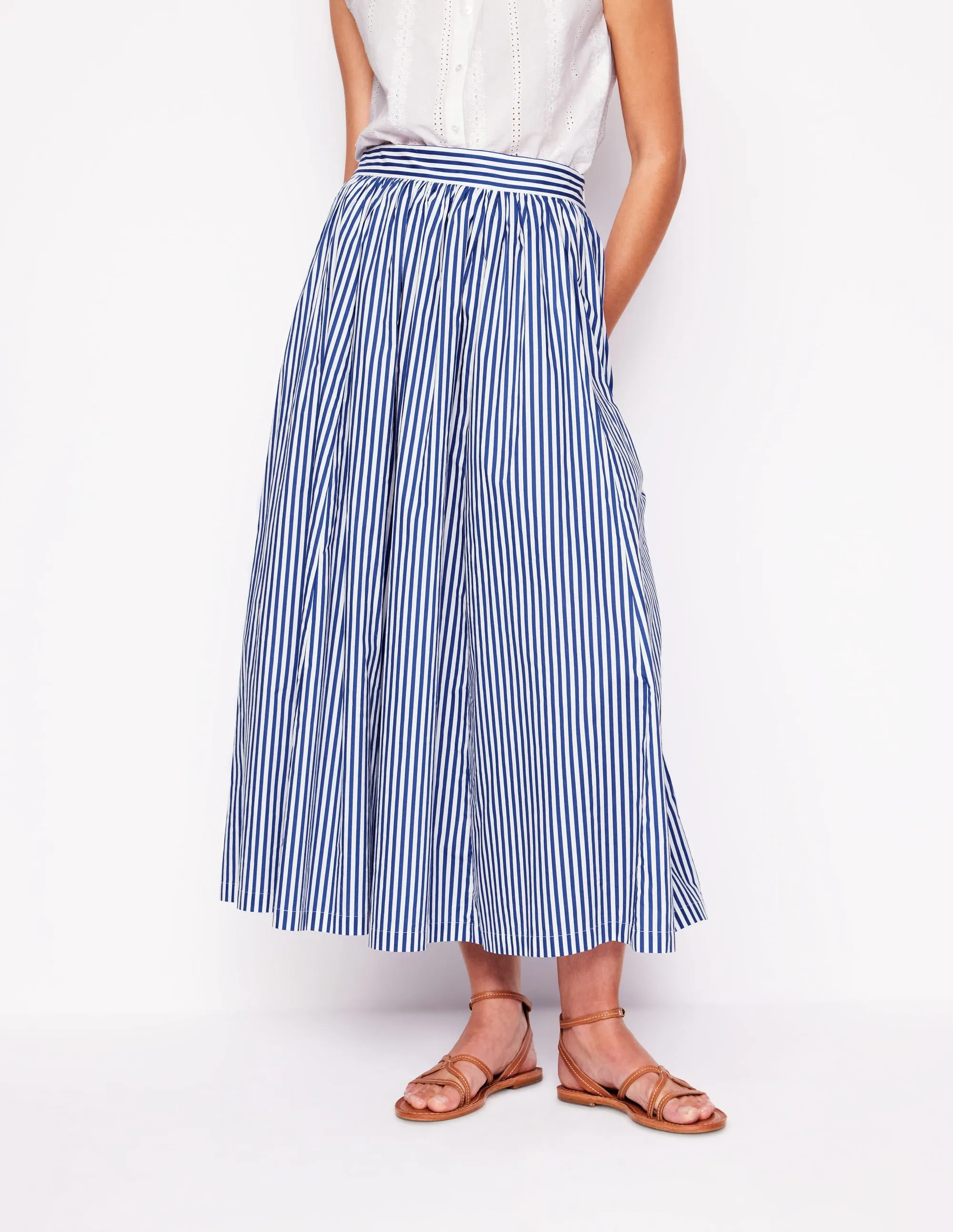 Full Poplin Maxi Skirt-Kingfisher Blue. Fine Stripe