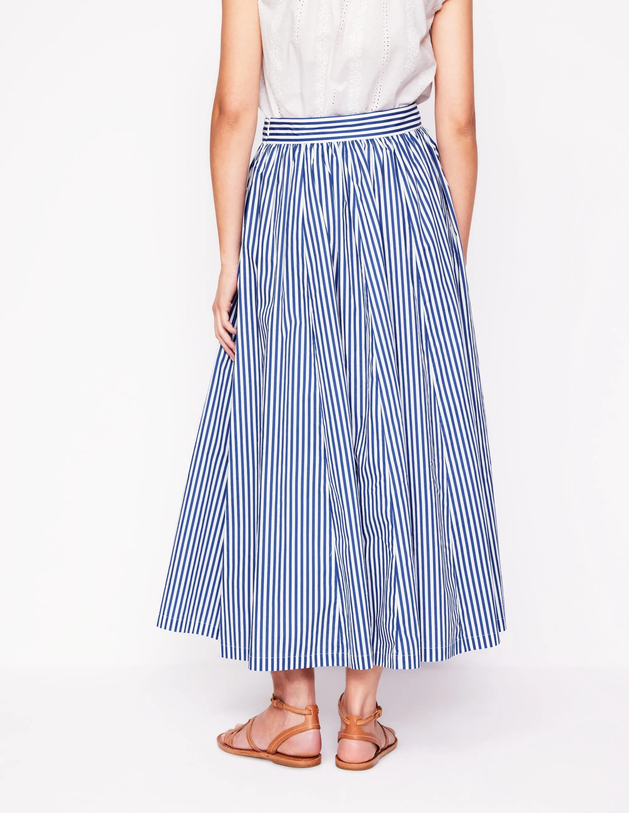 Full Poplin Maxi Skirt-Kingfisher Blue. Fine Stripe