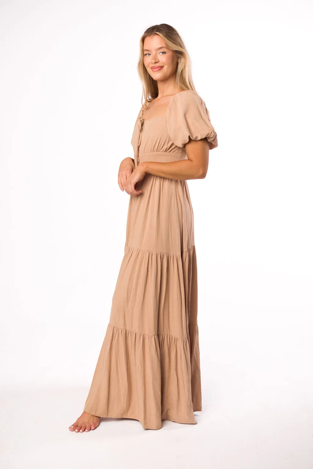 Genevieve Tiered Maxi Dress in Latte