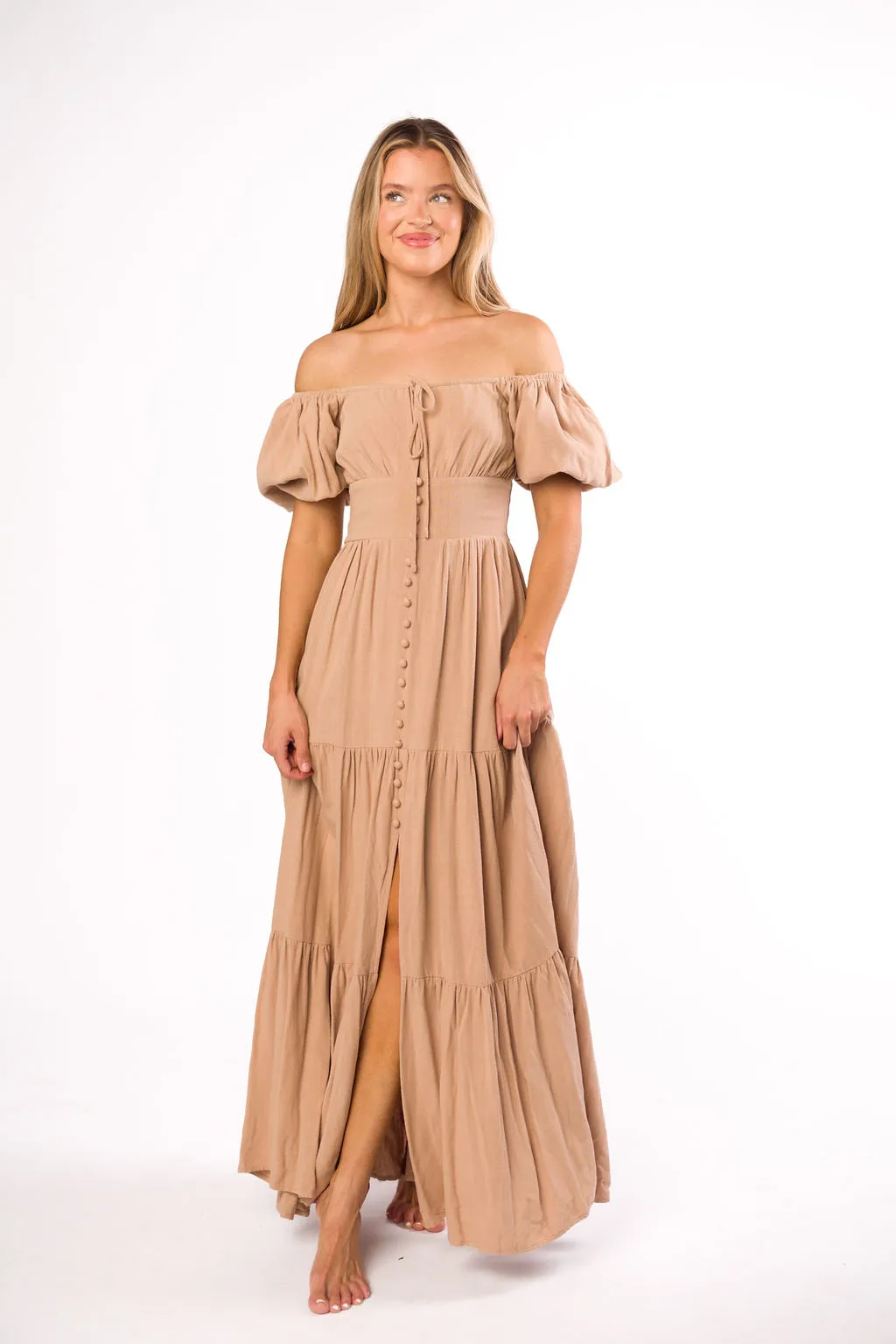Genevieve Tiered Maxi Dress in Latte