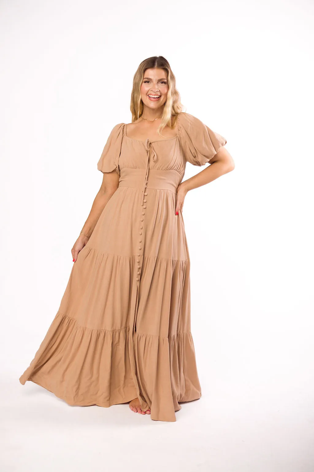 Genevieve Tiered Maxi Dress in Latte