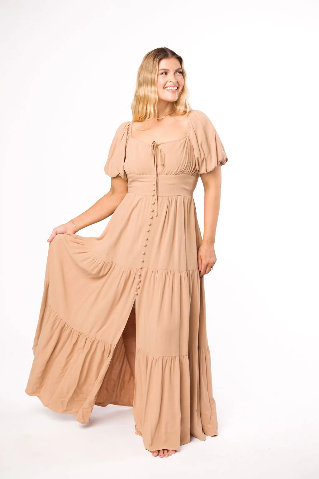Genevieve Tiered Maxi Dress in Latte