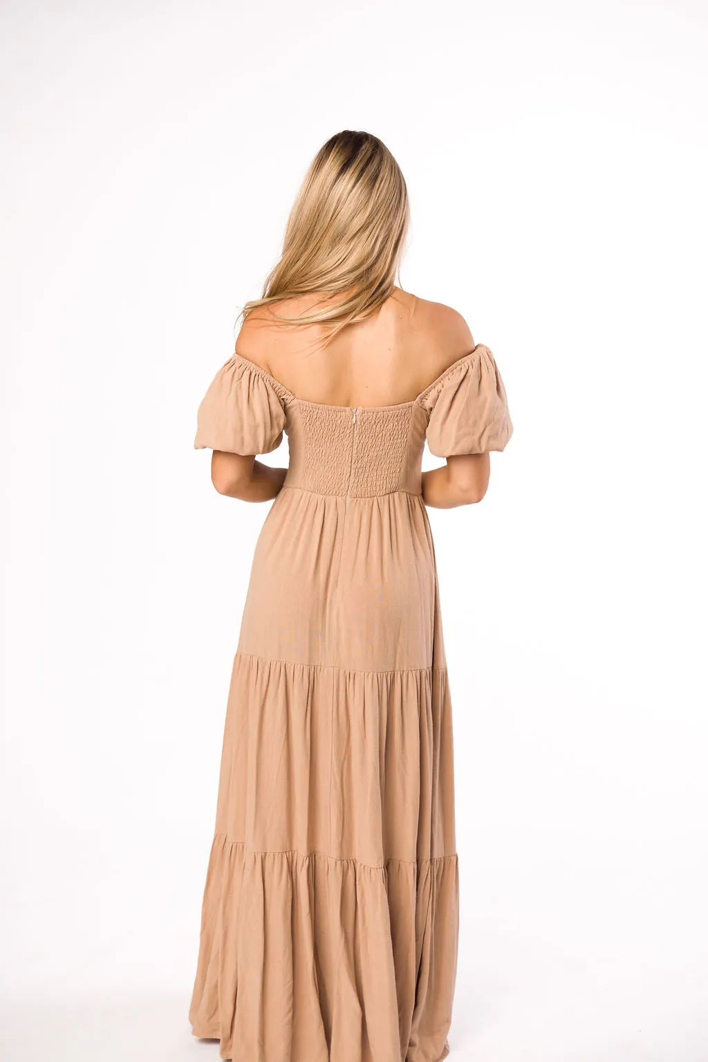 Genevieve Tiered Maxi Dress in Latte