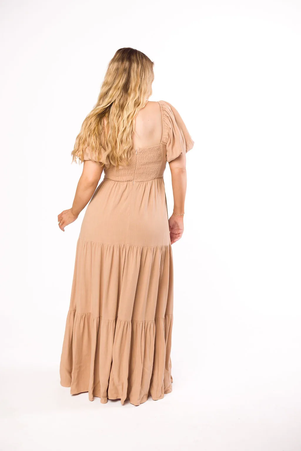 Genevieve Tiered Maxi Dress in Latte