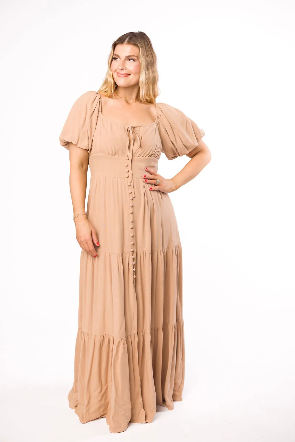 Genevieve Tiered Maxi Dress in Latte