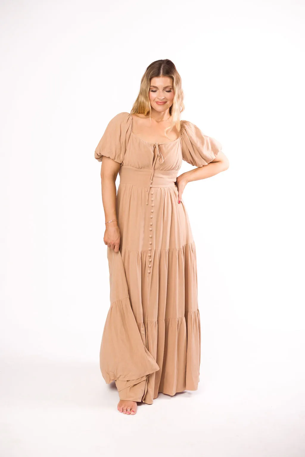 Genevieve Tiered Maxi Dress in Latte