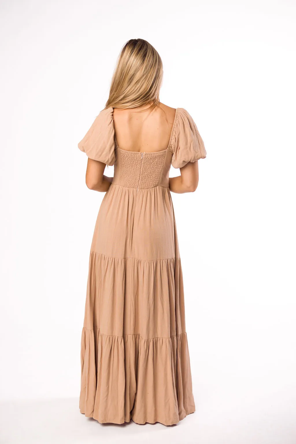 Genevieve Tiered Maxi Dress in Latte
