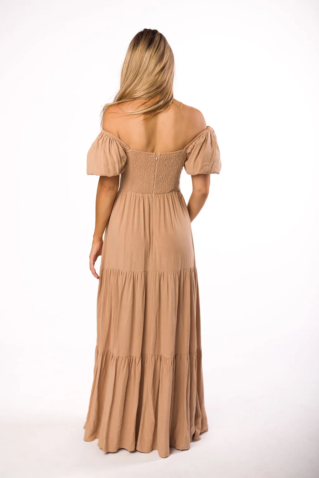 Genevieve Tiered Maxi Dress in Latte