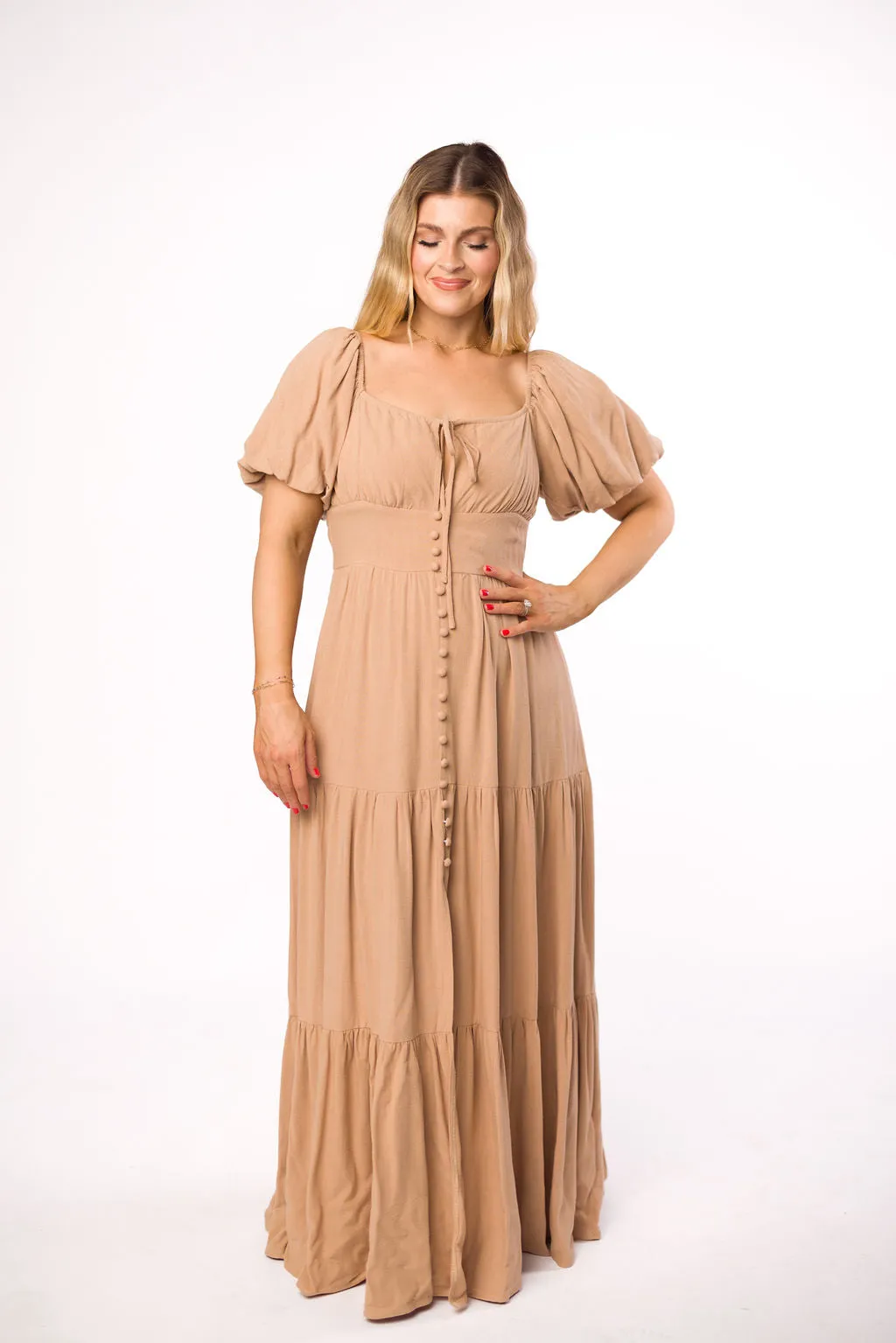 Genevieve Tiered Maxi Dress in Latte