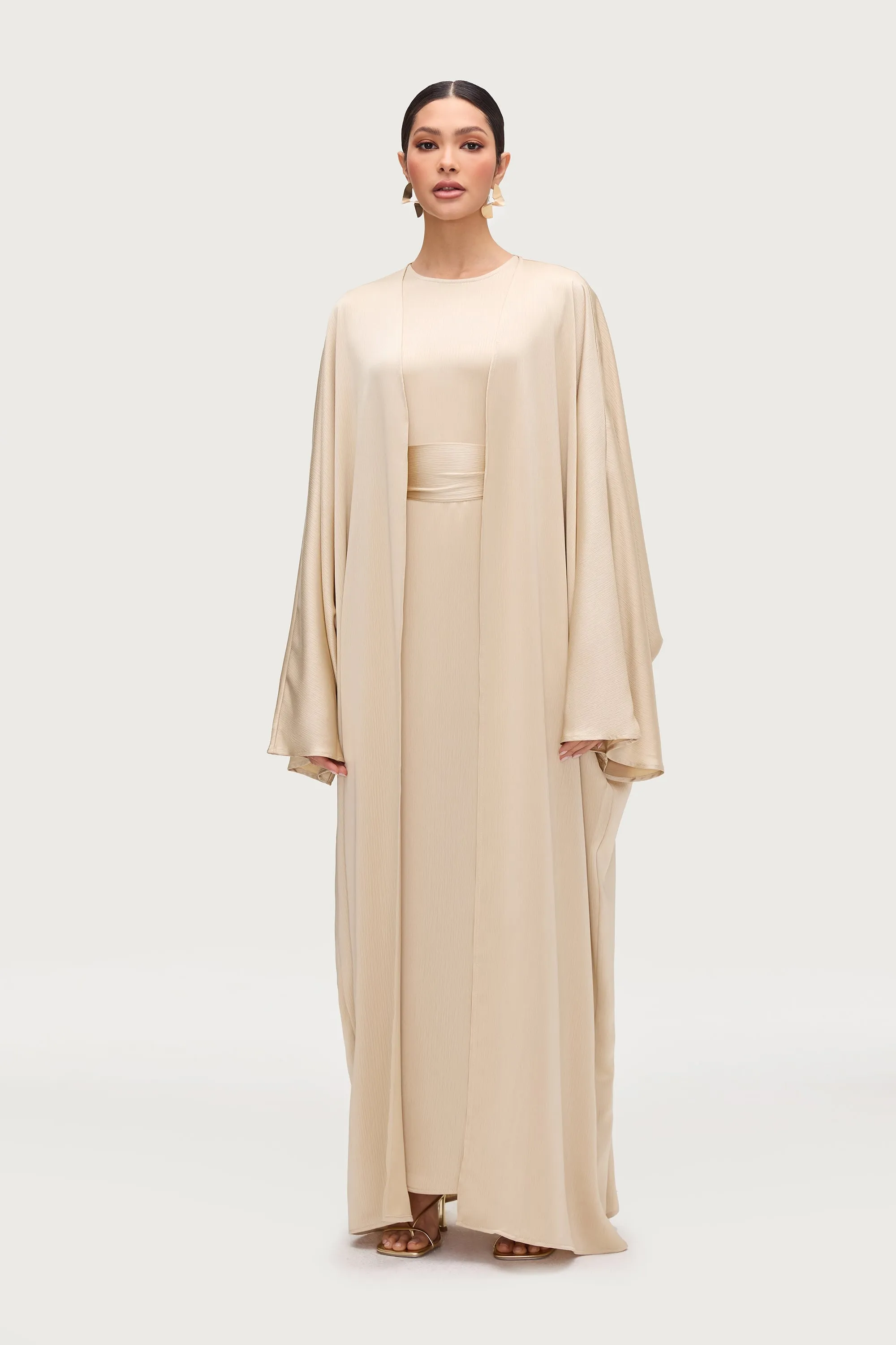 Ghada Satin Open Abaya & Dress Set - Golden Sand
