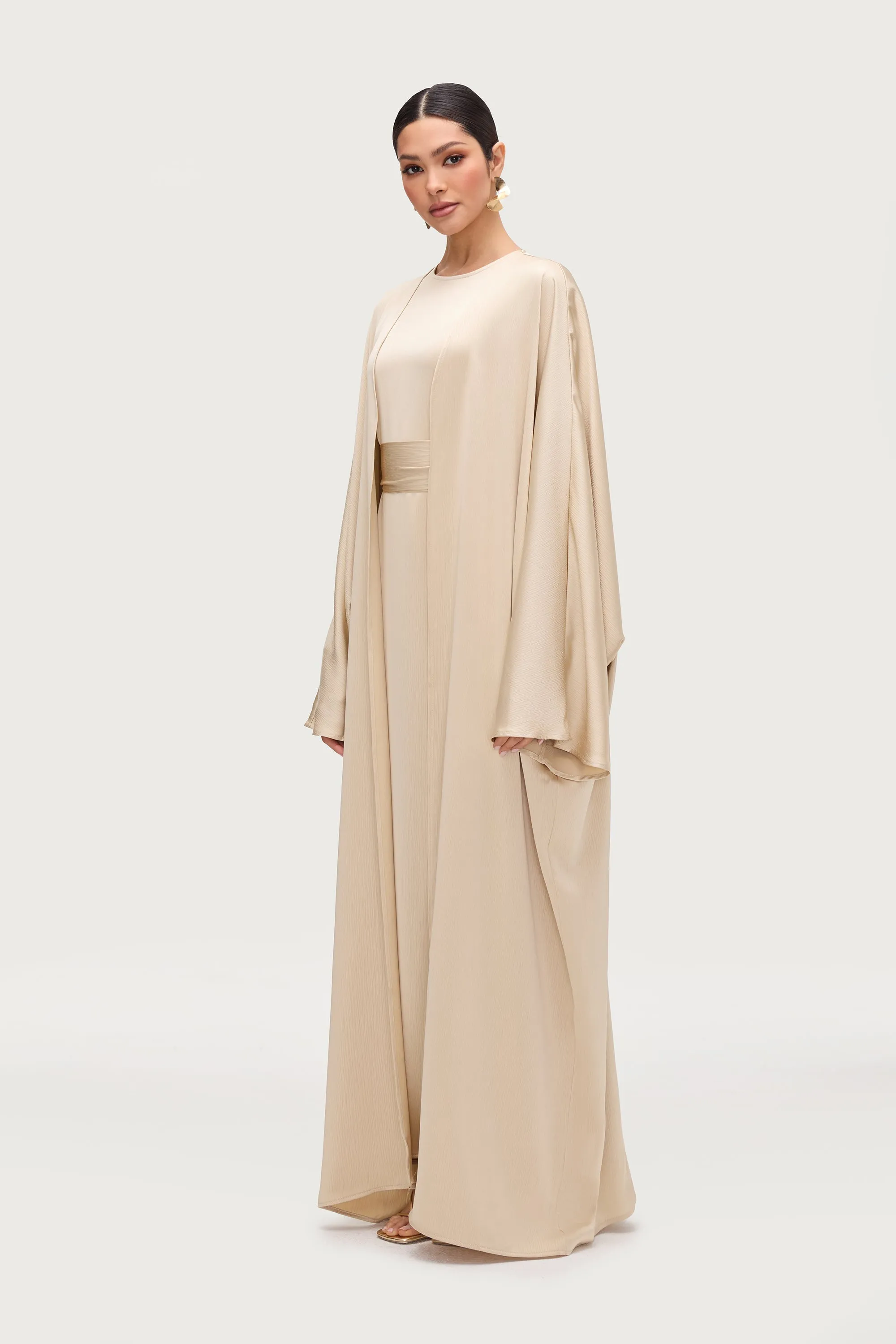 Ghada Satin Open Abaya & Dress Set - Golden Sand